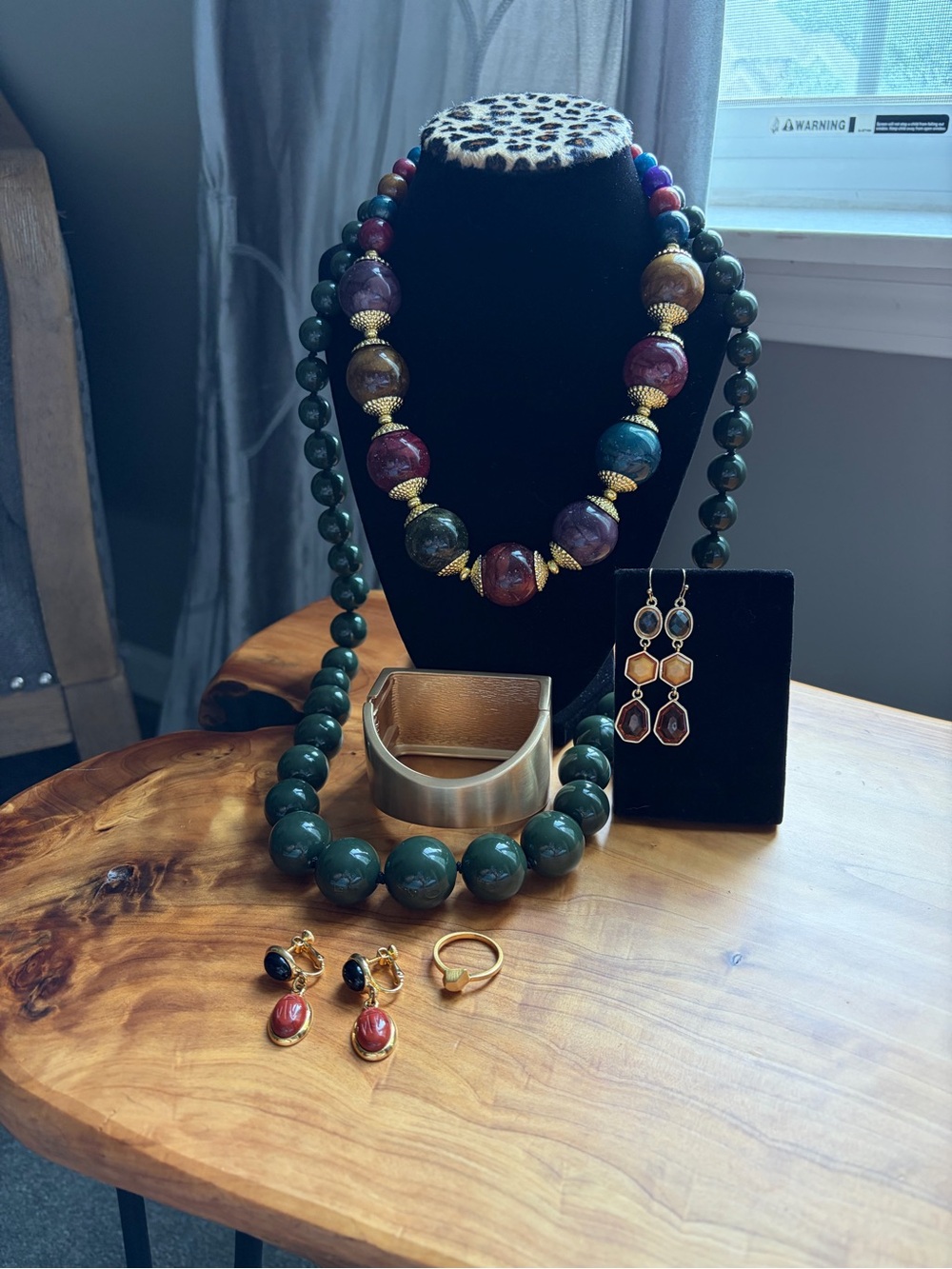 Green and Gold Themed Jewelry Set; Necklaces, Earrings, Bracelet and Ring